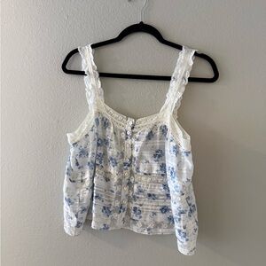 LOVE SHACK FANCY - Lace-Trim Blue Floral Tank Top - Size Small